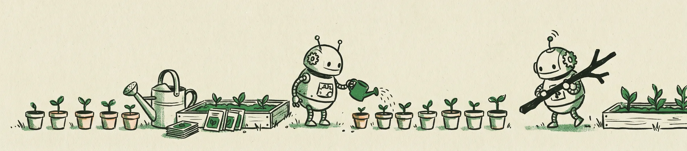 Two little robot gardeners tending rows of potted seedlings — one watering a sprout, one carrying a branch